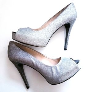 Guess Silver Glitter Peep-Toe Platform Pumps